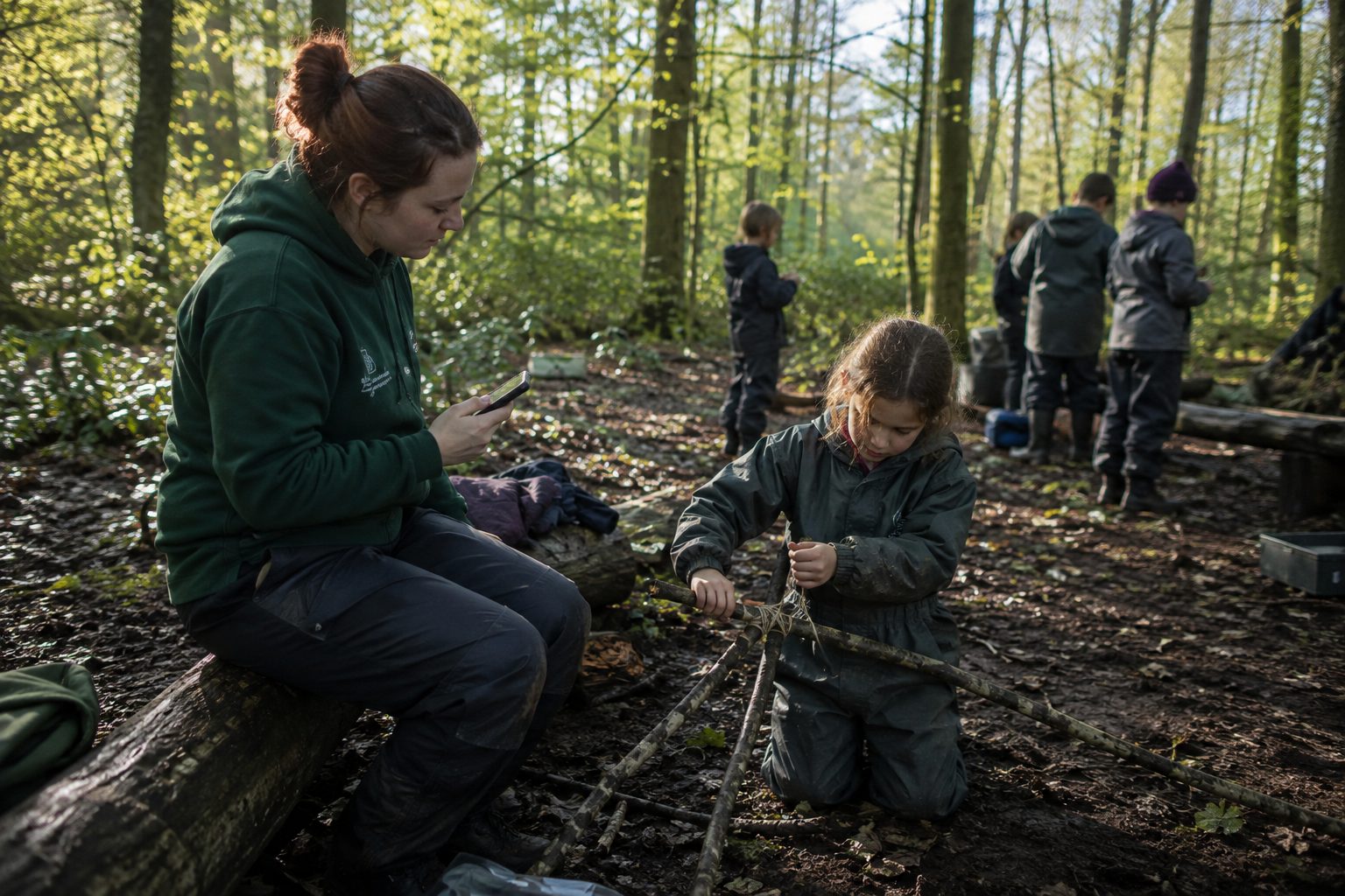 Forest School leader checking clipboard